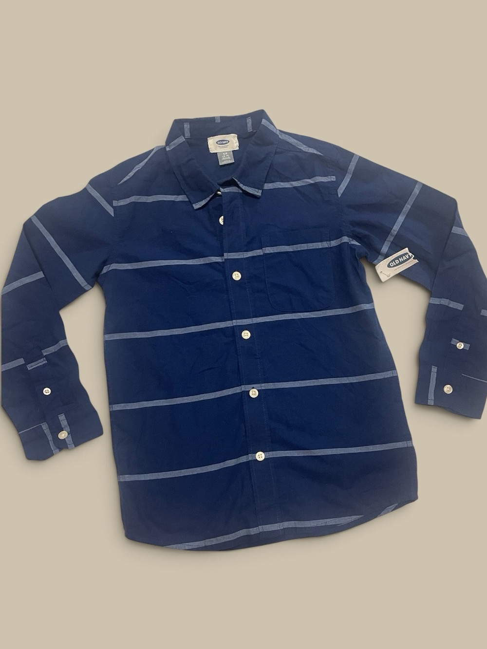 Old Navy Navy Blue Button-Down Shirt with Light Blue Stripes